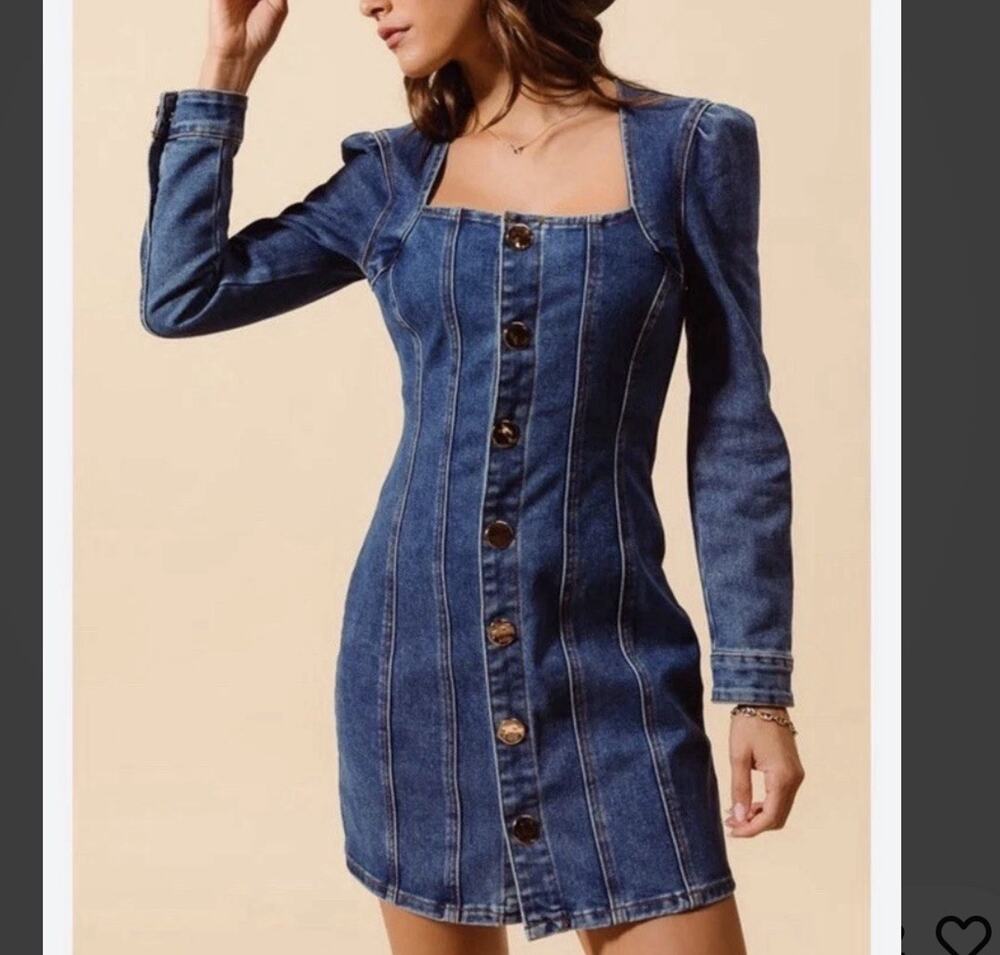 House of Harlow Denim Mini Dress Size 10 Blue Square Neck Long Puff Sleeve NWT